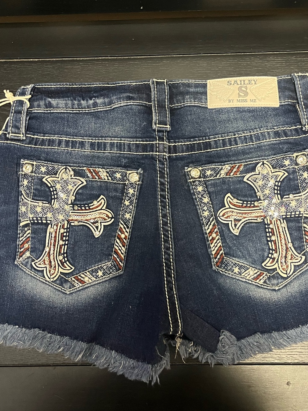 SAILEY By MISS ME Embellished Cross Pocket Denim Shorts - Dark Blue